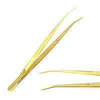 OdontoMed2011 Stainless Steel 6-inch Sewing Machine Tweezers Serrated Bent Tips Gold Plated Color | Professional Grade, High Precision |