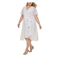 Tommy Hilfiger Womens White Zippered Belted Hi-lo Hem Lined Flutter Sleeve V Neck Midi Wear to Work Faux Wrap Dress Plus 20W