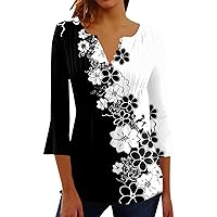 Trendy Spring Clothes for Women 2024 Boho Womens Summer Floral Print Casual Shirt V Neck Three Quarter Sleeve