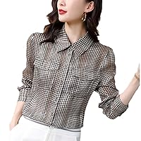 Office Lady Natural Real Silk Blouse - Vintage Plaid Shirt with Turn-Down Collar & Long Sleeves for Spring/Autumn