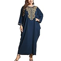 Flygo Women's Plus Size Splicing Floor Length Batwing Dolman Sleeve Round Neck Maxi Dress (One Size, Embroidered Navy)