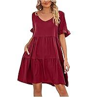Summer Dress for Women 2024 Solid Flowy Tiered Baby Doll Dress Ruffle Short Sleeve V Neck Loose Fit Holiday Dresses