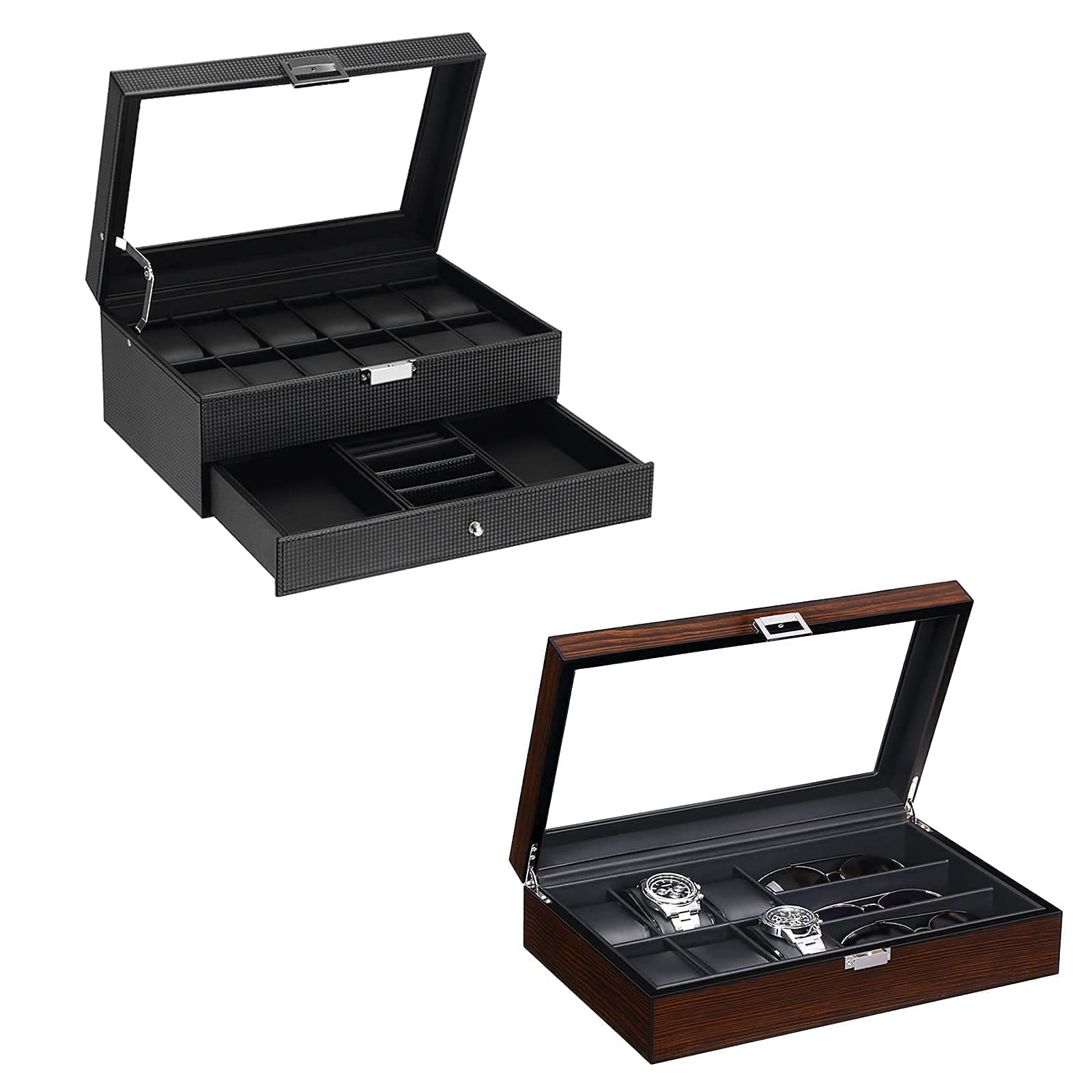 BEWISHOME Watch Box Organizer with Valet Drawer & 6 Watch Case and 3 Slots Sunglasses Box for Men Bundle