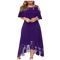 Women Off Shoulder Short Sleeve Midi Dress Plus Size Hollow Out Floral Lace Cocktail Dresses Elegant High Low Dress
