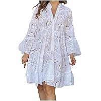 Women Button Down V Neck Hollow Out Embroidery Dress Long Sleeve Summer Casual Solid Knee Length A-Line Dresses