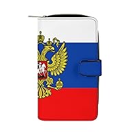 Russian Eagle Flag Womens Leather Wallets Slim Card Holder Purse RFID Blocking Bifold Clutch Handbag Zippered Pocket