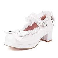 SHEMEE Women's Kawaii Sweet Bow Cosplay Dress Shoes Chunky Platform Mid Block Heels Buckle Ankle Strap Mary Jane Pumps