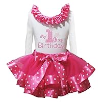 Petitebella Rhinestones My 1st Birthday White L/s Shirt Hot Pink Dots Petal Skirt Nb-2y