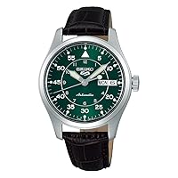 Seiko 5 Kelly Green Flieger Midfield Men's Automatic Watch with Green Dial and Brown Leather Strap SRPJ89K1, Stainlesssteel, Strap.