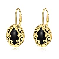 Black Onyx Earrings Sterling Silver Oval Drop Earrings 18K Yellow Gold Plated Filigree Boho Dangle Earrings Jewellery Gifts for Women Girls