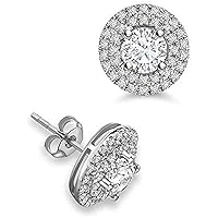 Round Cut Two Raw Cubic Zirconia (7MM) Beautiful Halo Party Wear Four Prong Set Stud Earring For Women's & Girls .925 Sterling Sliver
