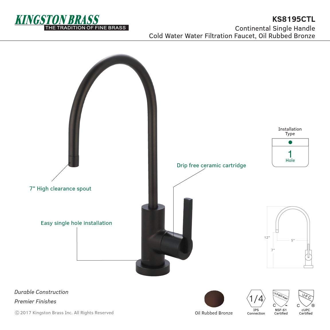 KINGSTON BRASS KS8195CTL Continental Water Filtration Faucet, Oil Rubbed Bronze