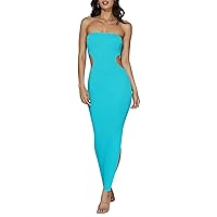 Women Strapless Crochet Long Dress Sleeveless Knit Cut Out Maxi Dress Bodycon Fitted Y2K Summer Party Beach Dresses