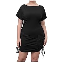Plus Size Tshirt Dresses for Women, Womens Sexy Bodycon Dress Fashion Drawstring Ruched Club Party Dress Mini Dress