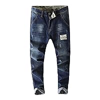 Men's Vintage Stretch Hip Hop Jeans Straight Distressed Side Pocket Denim Pants Patches Slim Harem Jean Trousers