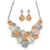 Delicate Matt Enamel Leaf Necklace & Drop Earrings In Silver Tone Metal (Copper/Grey/White) - 40cm L/ 8cm Ext - Gift Boxed