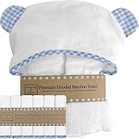 Premium Hooded Baby Towel + (6 Piece) Washcloth Gift Bundle - Organic Viscose Made from Bamboo Baby Towels - (Blue Gingham Bundle)