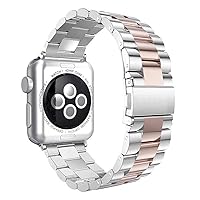 Stainless Band Compatible with Apple Watch, Steel Bracelet Strap Folding Clasp for Series 7 6 5 4 3 2 1 Se (Silver Rose Gold, 42/44/45MM)