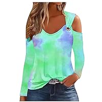 Long Sleeve Off The Shoulder Shirt for Women Loose Fit V Neck Blouse Fashion Printed Cold Shoulder Going Out Tops