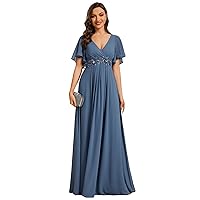 Ever-Pretty Women's Chiffon A-Line Ruched Short Sleeves Applique Waist V Neck Mother of The Bride Dresses