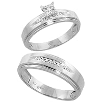 Genuine 10k White Gold Diamond Trio Wedding Sets for Him and Her Eye Groove 3-piece 6mm & 5mm wide 0.11 cttw Brilliant Cut sizes 5-14