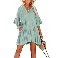 Womens Casual Summer Dress 2023 V Neck Bell Sleeve Mini Loose Flowy Swing Shift Beach Dresses