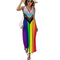 Progress Pride Flag Rainbow Gay Lesbian Transgender Bisexual LGBTQ Sleeveless Dresses, Summer Dresses for Women