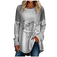 Hello Valentines Shirt, Women's Casual Plus Size Long Sleeved Round Neck Stitching T-Shirt Top Plus Size