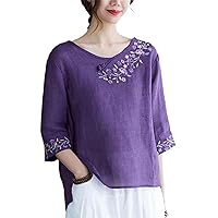 Vintage Embroidered Cotton Linen Women Top Summer Short-Sleeved T-Shirt Chinese Traditional Oriental Hanfu