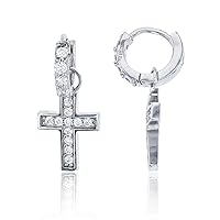 Sterling Silver Rhodium Round Cubic Zirconia Cross Charm on Men's Huggie Earrings