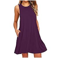 Today Deals Summer Tank Dress with Pocket Women Sleeveless Loose Swing Beach Dresses Solid Cozy Casual T Shirt Sundress Short Dress Your Orders Purple