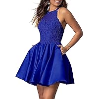Short Lace Crystals Homecoming Dresses with Pockets A-Line Halter Satin Formal Gowns for Women