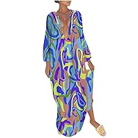 Women Fashion Tropical Style Dresses Deep V Neck Henley Shirt Maxi Dress Casual Long Sleeve Loose Beach Dresses