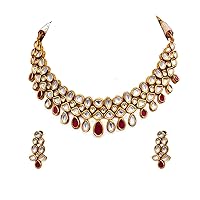 Ethnic Necklace with Earrings Gold Plated Studded in Kundan Stones Exclusive Traditional Wedding Collection Jewellery Set for Girls and Women