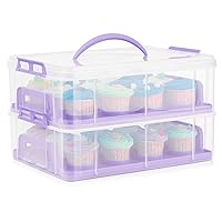 Flexzion Cupcake Carrier, Cupcake Holder for 24 Cupcakes, Portable and Reusable Rectangular Cake Carrier with Lid and Handle, 2 Tier Stackable Layer Insert (Purple)