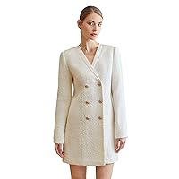 Womens Dresses V Neck Long Sleeve Mini Dresses Double Button Tweed Fitted Dress Without Belt