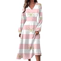 Women's 2024 Fall Midi Dress Casual Long Sleeve V Neck Floral Printed A Line High Waist Dress for Women