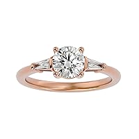 Certified 14K Gold Ring in Round Cut Moissanite Diamond (1.03 ct) Baguette Cut Natural Diamond (0.19 ct) With White/Yellow/Rose Gold Engagement Ring For Women