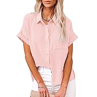 Womens Button Down Shirts Cotton Short Sleeve Summer Blouses V Neck Collared Linen Beach Casual Tops with Chest Pocket