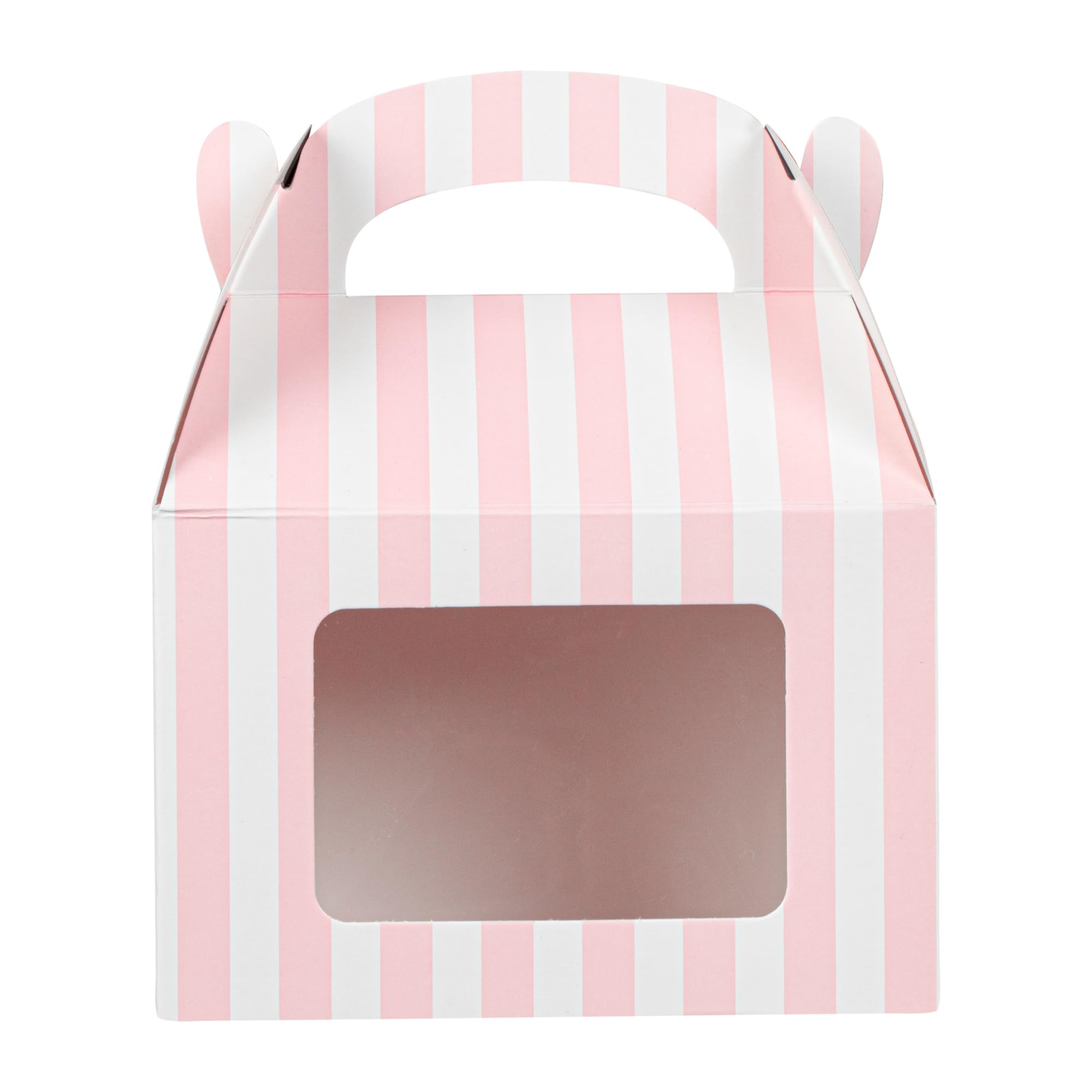 Bio Tek 6 x 3.5 x 6.5 Inch Gable Boxes For Party Favors, 25 Durable Gift Treat Boxes - Striped Pattern, Pink And White Paper Barn Boxes, Clear PET Window, With Built-In Handle - Restaurantware