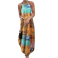 Women's Bohemian Beach Flowy Sleeveless Long Swing Round Neck Trendy Glamorous Dress Casual Loose-Fitting Summer Print