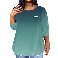 Plus Size Business Tops for Women Plus Size Tops for Women 2024 Color Block Fashion Casual Loose Fit Y2k with 3/4 Sleeve Round Neck Shirts Turquoise 3X-Large