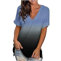 Women's Plus Size T-Shirts Summer V Neck Short Sleeve Blouse Trendy Breathable Relaxed Fit Beach Shirts Gradient Casual Tops
