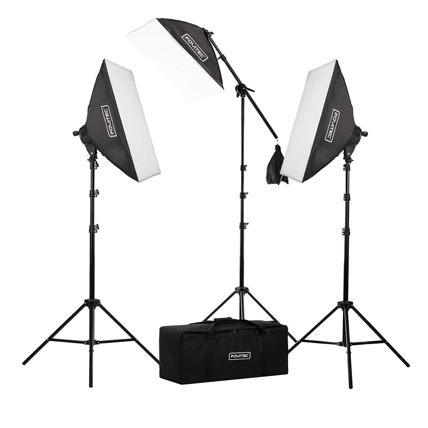 Fovitec 3-Light Fluorescent Studio Lighting Kit w/ Boom arm, 20"x28" Softboxes, 11 45W Bulbs, Light Stands, & Carry Case for Portraits, Pro...