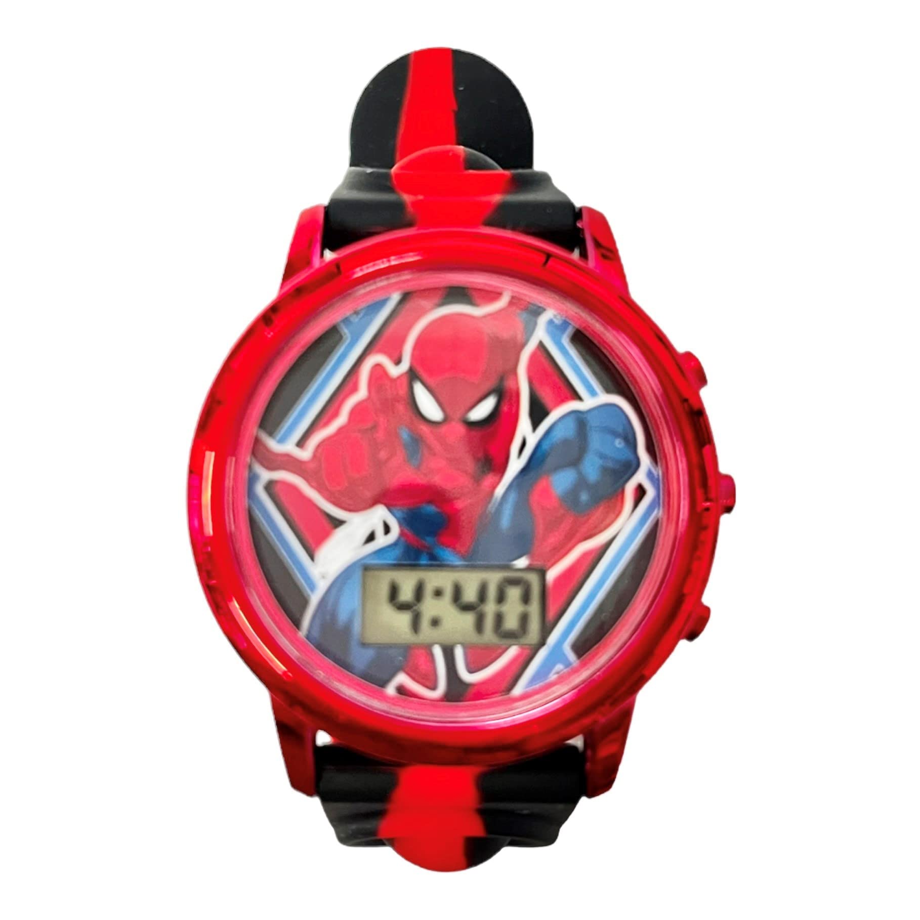 Accutime Kids Marvel Spiderman Red Digital LCD Quartz Wrist-Watch with Multicolor Flashing Popper Strap for Boys, Girls and Toddlers (Model: SPD4845AZ)