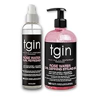 tgin Rose Water Curl Refresher 8 oz + Rose Water Defining Styling Gel 13 oz Duo - Curly hair - Natural hair - Locs