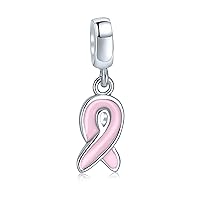 Empowering Elegance Pink Ribbon Awareness Enamel CZ Glass Dangle Breast Cancer Survivor Charm Bead For Women Genuine .925 Sterling Silver - Fits European Bracelet