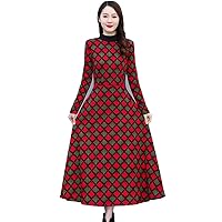 Women Red Plaid Knitted Long Dress Autumn Winter Thick Warm Elegant Party Prom