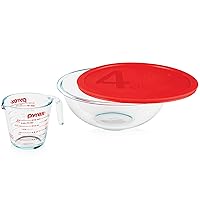 Pyrex Smart Essentials 3-Piece Glass Prep Set, 4-QT Glass Mixing Bowl with lid and 2-Cup Measuring Cup, Dishwasher, Microwave and Freezer Safe, Essential Kitchen Tools
