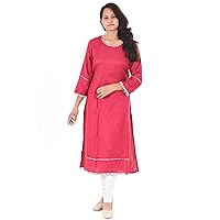 Indian 100% Cotton Women Fashion Long Kurti Solid Print Pink Color Plus Size